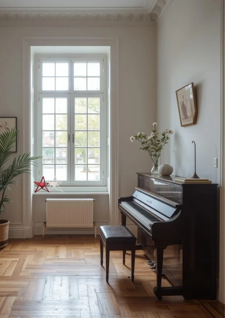 Due stelle HOPE, Bacio di rosa e Sussurro di nuvola, sul davanzale di una stanza con il pianoforte