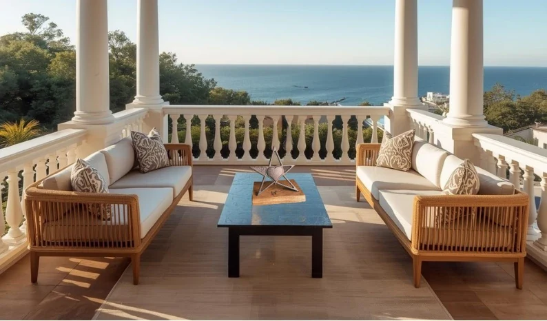 HOPE su una base in rovere, sul tavolino di una terrazza affacciata sul mare